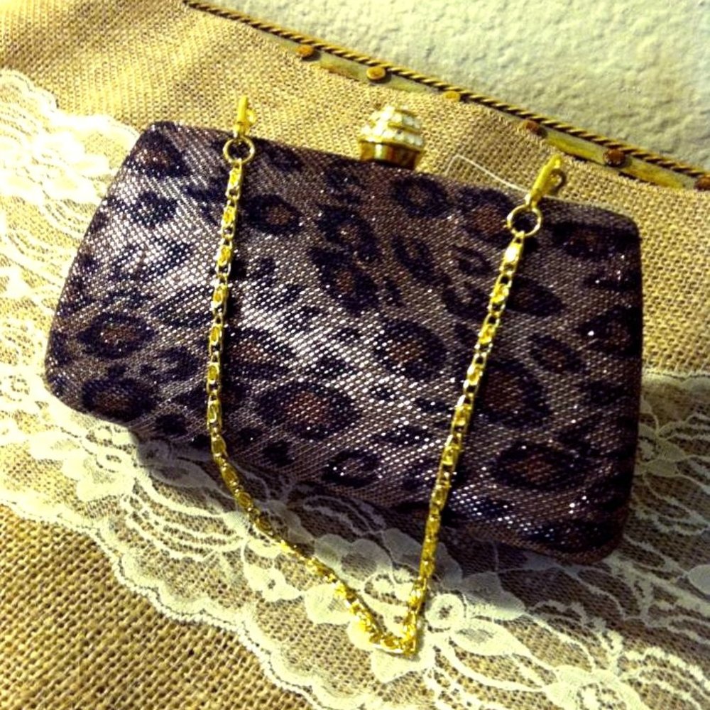 Brown Leopard Print Clutch with Gold Chain